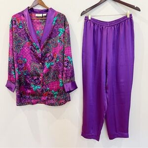 Vintage 80s Victorias Secret Pajama Set Women Medium Purple Satin Floral Boudoir